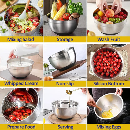 LMETJMA 6 Pcs Stainless Steel Mixing Bowls with Black Lids Kitchen Nesting Salad Mixing Bowl With Non-slip Silicone Bottom JT327
