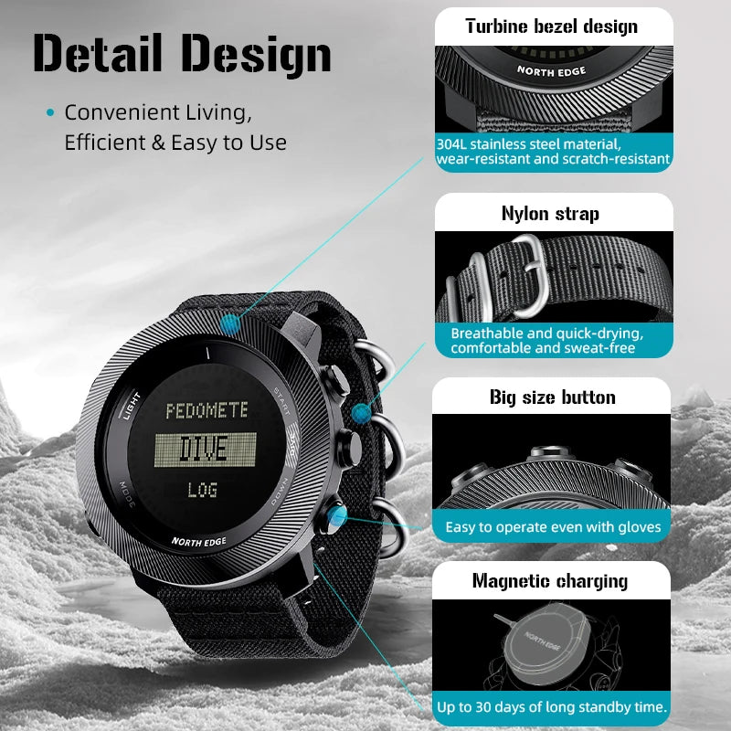 NORTH EDGE 2025 APACHE-D Smart Watch Free Dive Watch Sports Digital Watch Altimeter Barometer Compass World Time Waterproof 100M