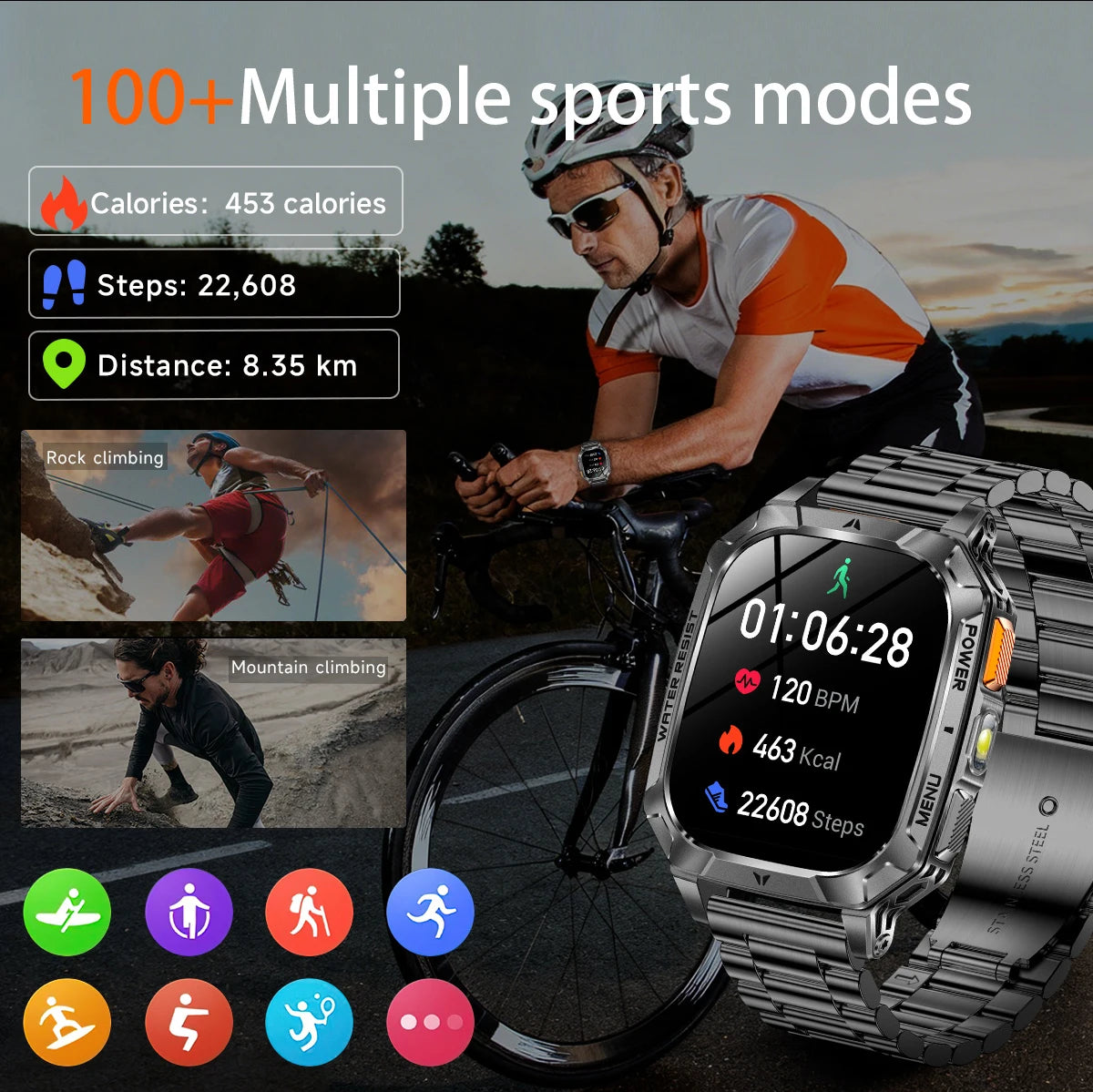LIGE Military 1400mAh Smart Watch For Men 2.01" HD Screen Waterproof 100+Sports Mode LED Flashlight Smartwatch For Android iOS