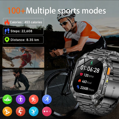 LIGE Military 1400mAh Smart Watch For Men 2.01" HD Screen Waterproof 100+Sports Mode LED Flashlight Smartwatch For Android iOS