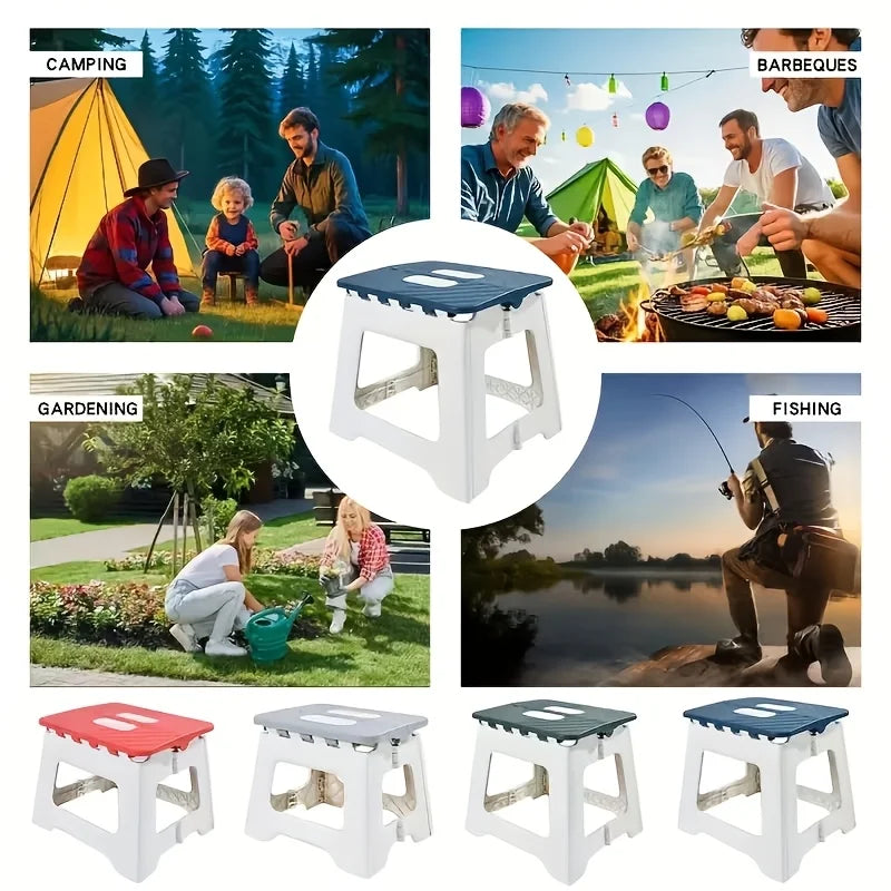 Portable Folding Footstool Stool - Lightweight Sturdy Plastic Square Step Stool with Anti-Slip Base & Handle, Compact Design