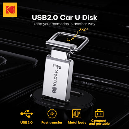 Kodak Pendrive USB 2.0 Car Flash Drive 32GB 64GB 128GB Metal U Disk On Keychain Mini Memory Stick for Smartphone Laptop