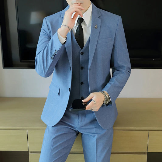 High-End Men's Wedding Suit 3-Piece Set Handsome Banquet Smart Casual Fashionable Three-Quarter Length Vest Trousers Four Season