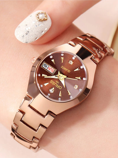 ORUSS Business Casual Womens Quartz Watches Luxury Fashion Wristwatch Stainless Steel Date Week 30M Waterproof Womens Wristwatch