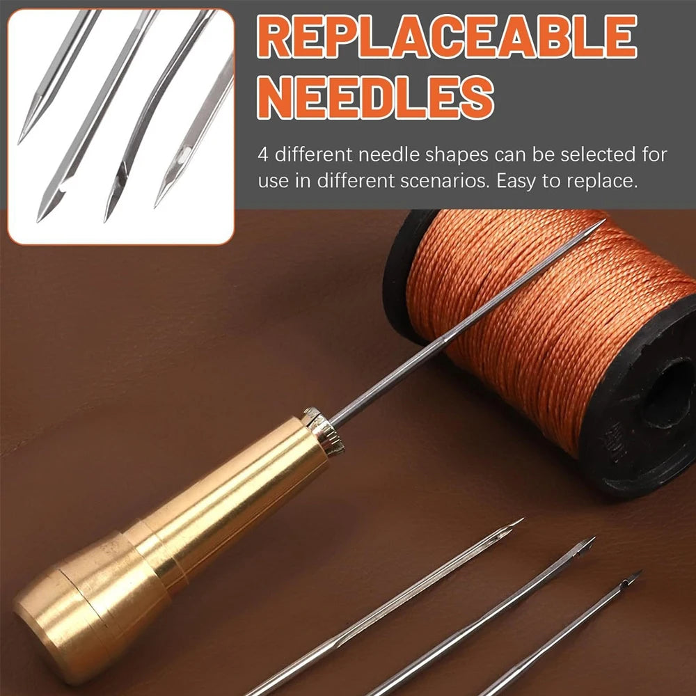 DIY Leather Sewing Kit Leather Sewing Awl Needle with Copper Handle Set Leather Canvas Tent Shoes Repairing Tool 3 Color Thread