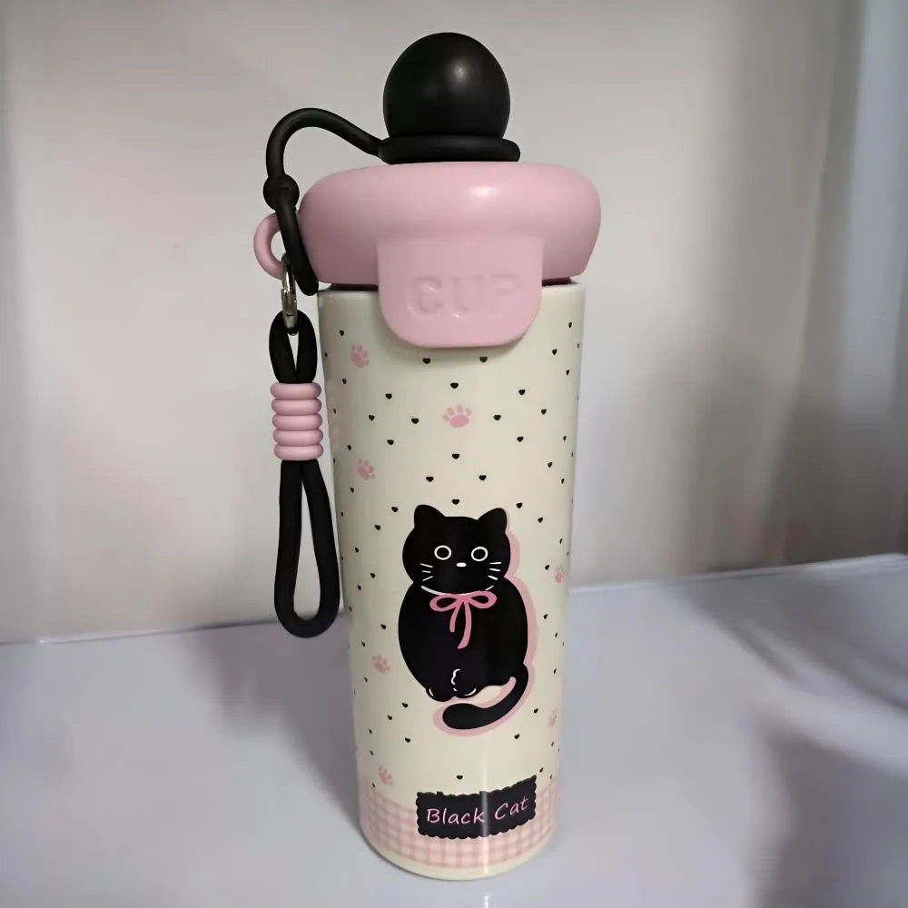 Cute Cat Thermal Water Bottle With Straw Bow Sticker Stainless Steel Thermos For Hot Cold Water Coffee Tea Thermal Cup 600ml