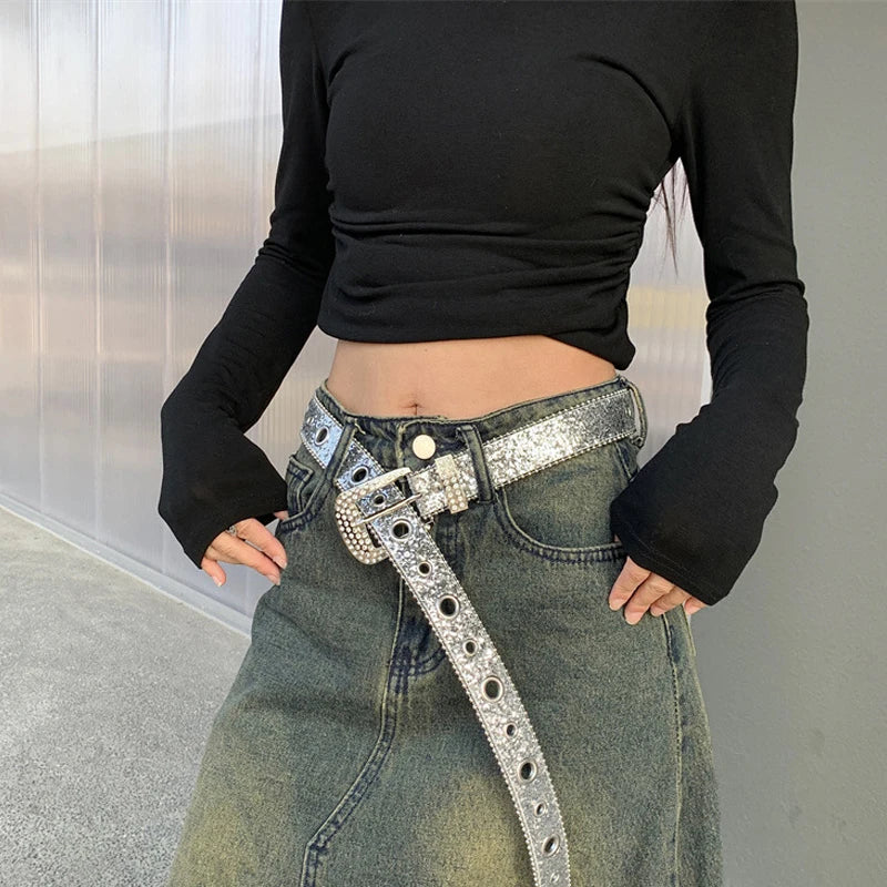 Gothic Black Silver Metal Buckle Rhinestone Belt Luxury Desiner Four Seasons Y2K Womens Jeans Belt Plus Size Men's Waistband