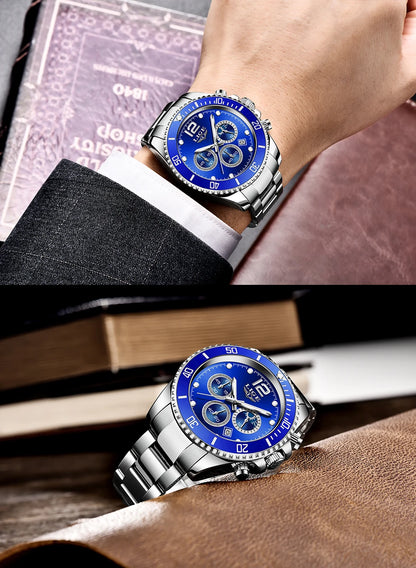 LIGE Outdoor Sport Watch For Men Fashion Military Waterproof Luminous Men Watch Round Stainless Steel Quartz Chronograph Male