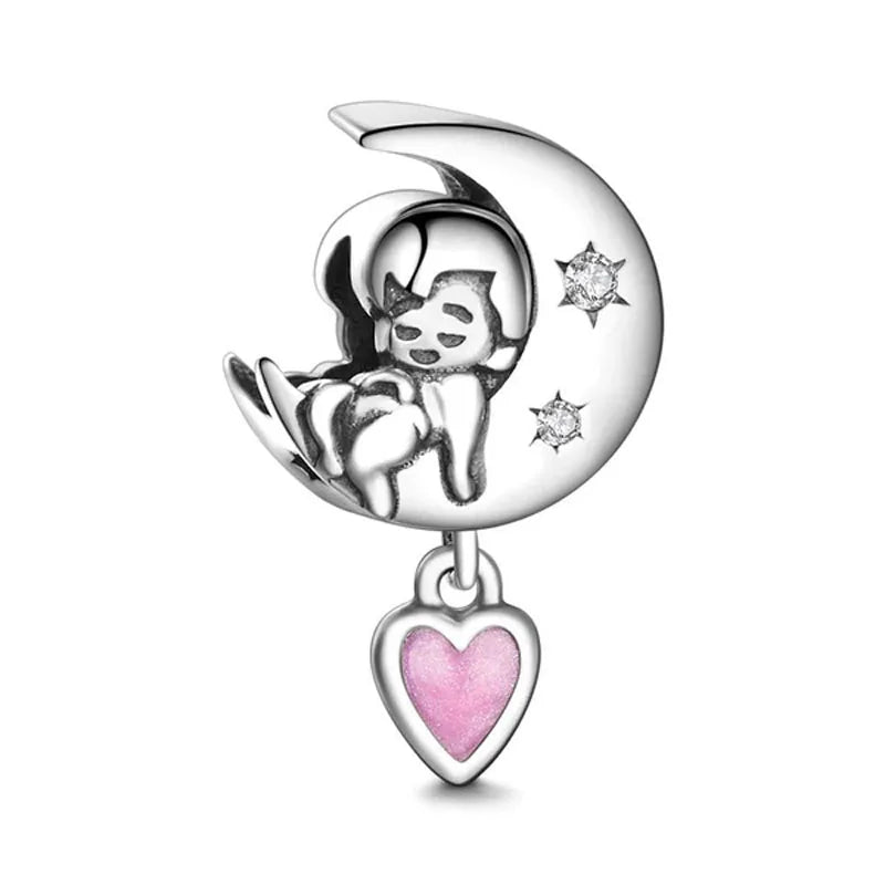 2025 Hot selling 925 Silver Pink Bird Moon Pendant Suitable for European Bracelets DIY Accessories Women's Charm Jewelry Gifts