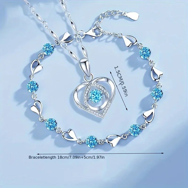 2pcs/set 925 Sterling Silver Heart Bracelet Necklace Jewelry Set for Women Korean Adjustable Charm Bracelet Luxury Party Jewelry