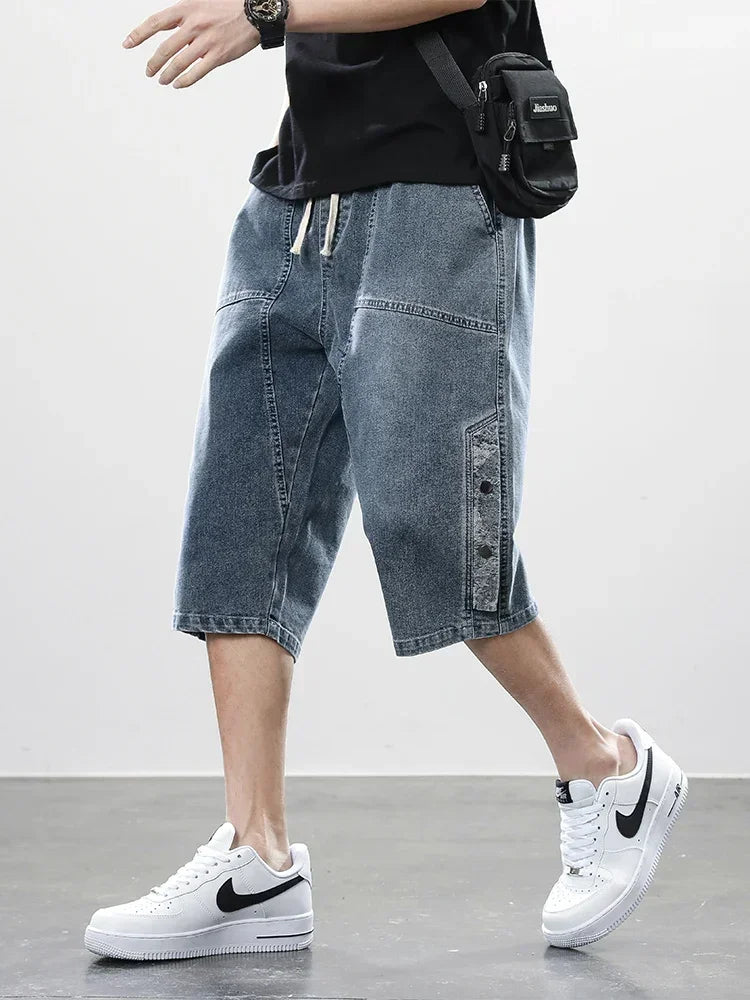 8XL Summer Men's Jeans Denim Breeches Calf-Length Casual Shorts Washed Cotton Drawstring Straight Capris Pants Big Size