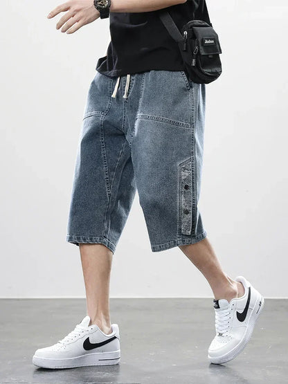 8XL Summer Men's Jeans Denim Breeches Calf-Length Casual Shorts Washed Cotton Drawstring Straight Capris Pants Big Size