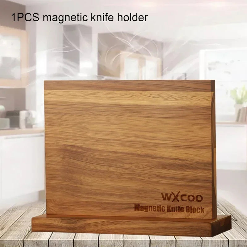 Long Magnetic Knife Block Acacia Wooden Kitchen Knife Holder Kitchen Counter Strong Enhanced Magnets Stands Storage Knife Holder