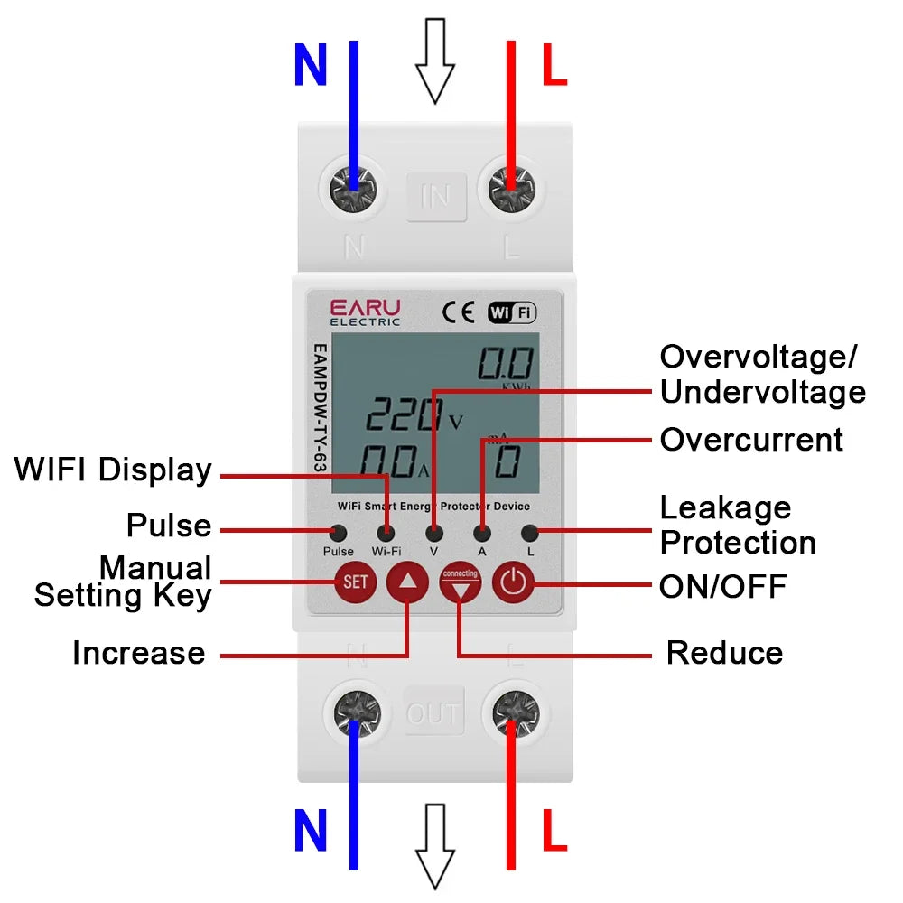 Tuya WiFi Smart Energy Meter Power kWh Meter Earth Leakage Over Under Voltage Protector Time Relay Device Switch Circuit Breaker