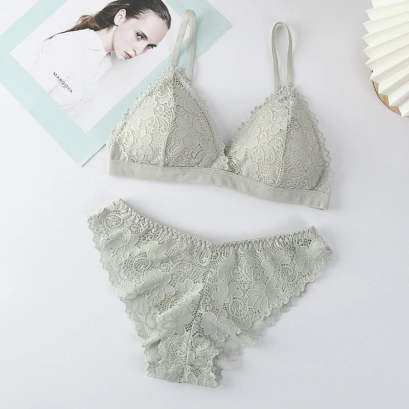 Women Lace Bra And Panties Set V-neck Push Up Bralette Sexy Lingerie Low Waist Briefs Female Non-wire Brassiere Underwear Set