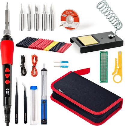 60W LED Soldering Iron Kit, 21-in-1 Fast Heating, 5 Tips, Stand, Pump, Wire Stripper, for Electronics Repair DIY 120V