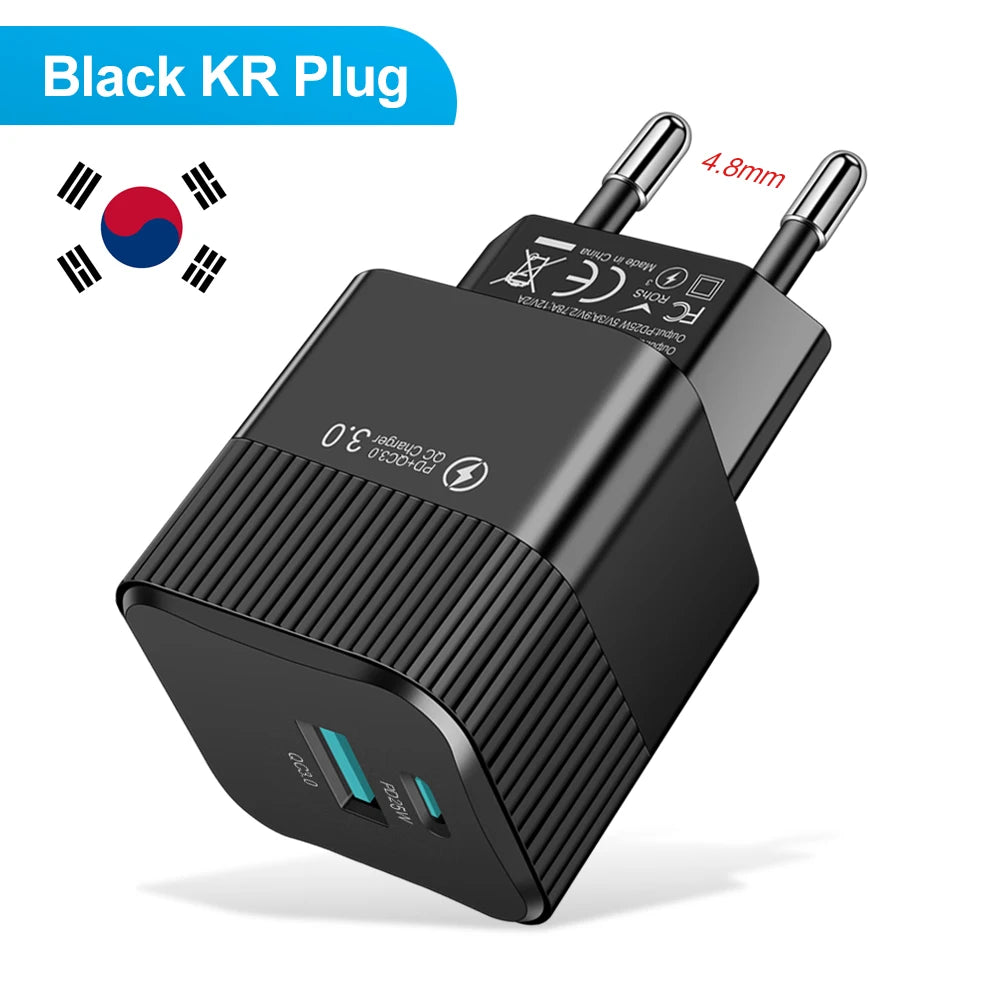 2 Ports PD 25W USB C Fast Charger KR EU  Mini Travel Plug Phone Fast Charging Adapter for iPhone 15 Pro Max Oneplus