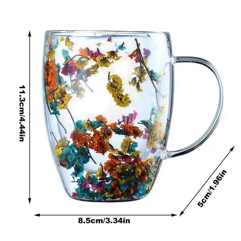 Insulated Layer Flowers Coffee Cup Double Walled Glass Coffee Mug Handle Anti-Scald Glass Mugs Dried Flowers Heat Insulation cup