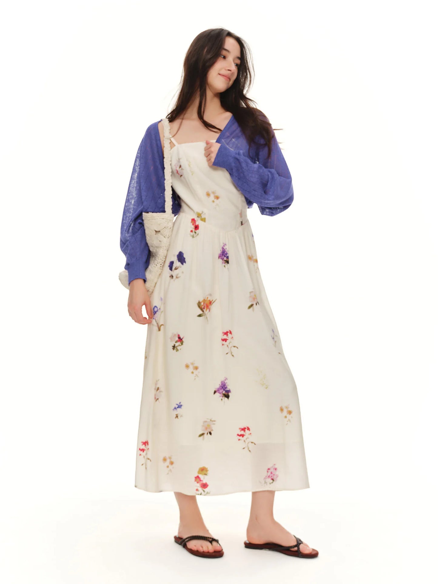 DUSHU French Floral Slip Dress Textured Plant Print Square Neck Midi Dress A-Line Waist Slimming Casual Dress Women Apricot