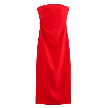Women Fashion Strapless Gathered Midi Dress Sexy Straight Neck Back Slit Female Dresses Vestidos Mujer
