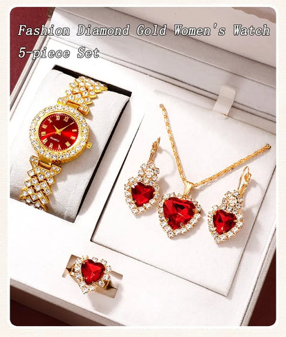 Golden Luxury Watch Women Ring Necklace Earring Rhinestone Fashion Wristwatch Casual Ladies Bracelet Watches Jewelry Set