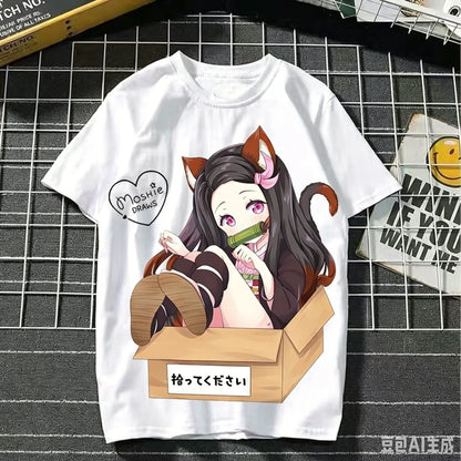 2026 Summer Demon Slayer Nezuko Cherry Blossom Butterfly Print Cotton T-Shirt Adult Kids Casual Loose Breathable Anime Tops Y2k