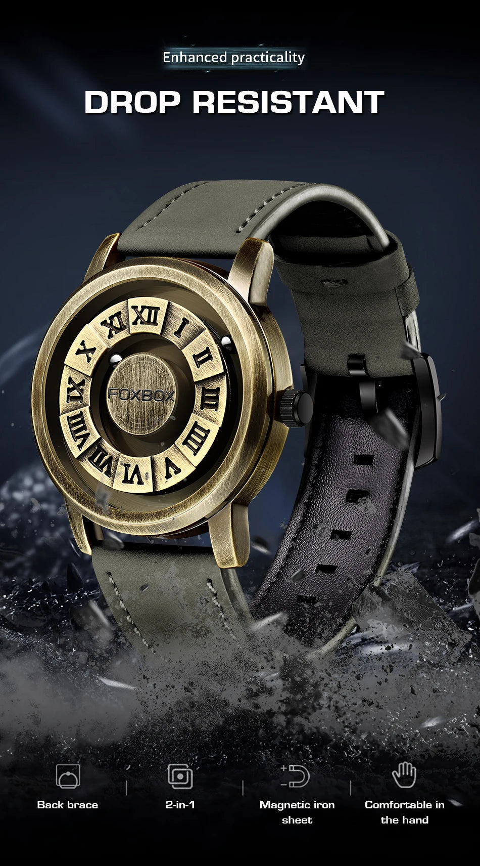 FOXBOX Fashion Leather Watch Men Creative Rolling Pointer Design Watch Men Casual Business Military Men's Quartz WristWatches