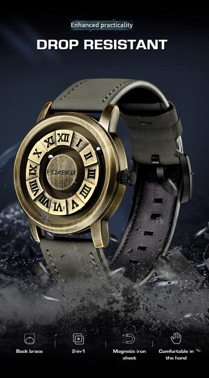 FOXBOX Fashion Leather Watch Men Creative Rolling Pointer Design Watch Men Casual Business Military Men's Quartz WristWatches