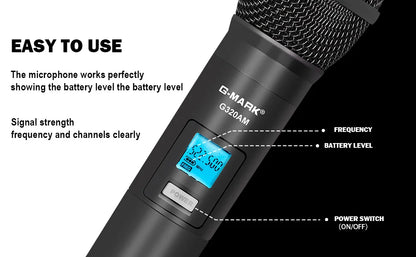 Wireless Microphone G-MARK G320AM Professional UHF 2 Channels Karaoke Mic Handheld Automatic Frequency Adjustable 100M