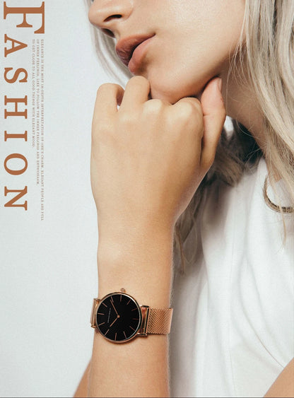 2023 New Women Bracelet Watch 1 Set Japan Quartz Movement Simple Rose Gold Stainless Steel Mesh Student Watches Relogio Feminino