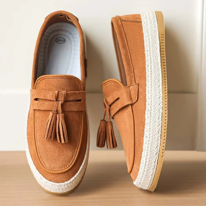 Men Slip On Tassel Loafers, Spliced Fabric Espadrille Shoes Woven Hemp Thick Flat Sole For Daily Driving Street Casual Wear
