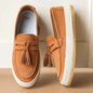 Men Slip On Tassel Loafers, Spliced Fabric Espadrille Shoes Woven Hemp Thick Flat Sole For Daily Driving Street Casual Wear