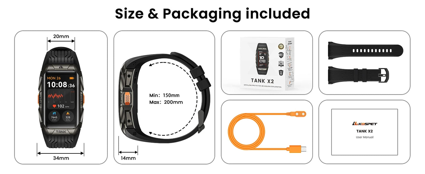 2025 KOSPET TANK X2 Rugged Smart Watch For Men 3D Curved Screen AMOLED AOD 5ATM IP69K Waterproof Bluetooth Call AI Assistant