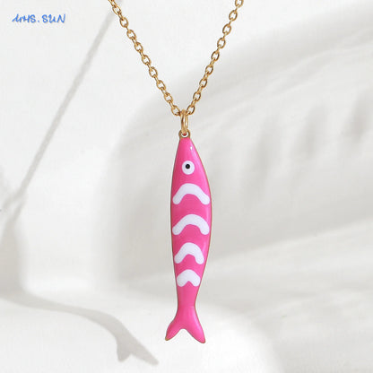Cute Colorful Enamel Fish Pendant Necklaces For Women Girls Lovely Stainless Steel Gold Color Summer Waterproof Beach Jewelry