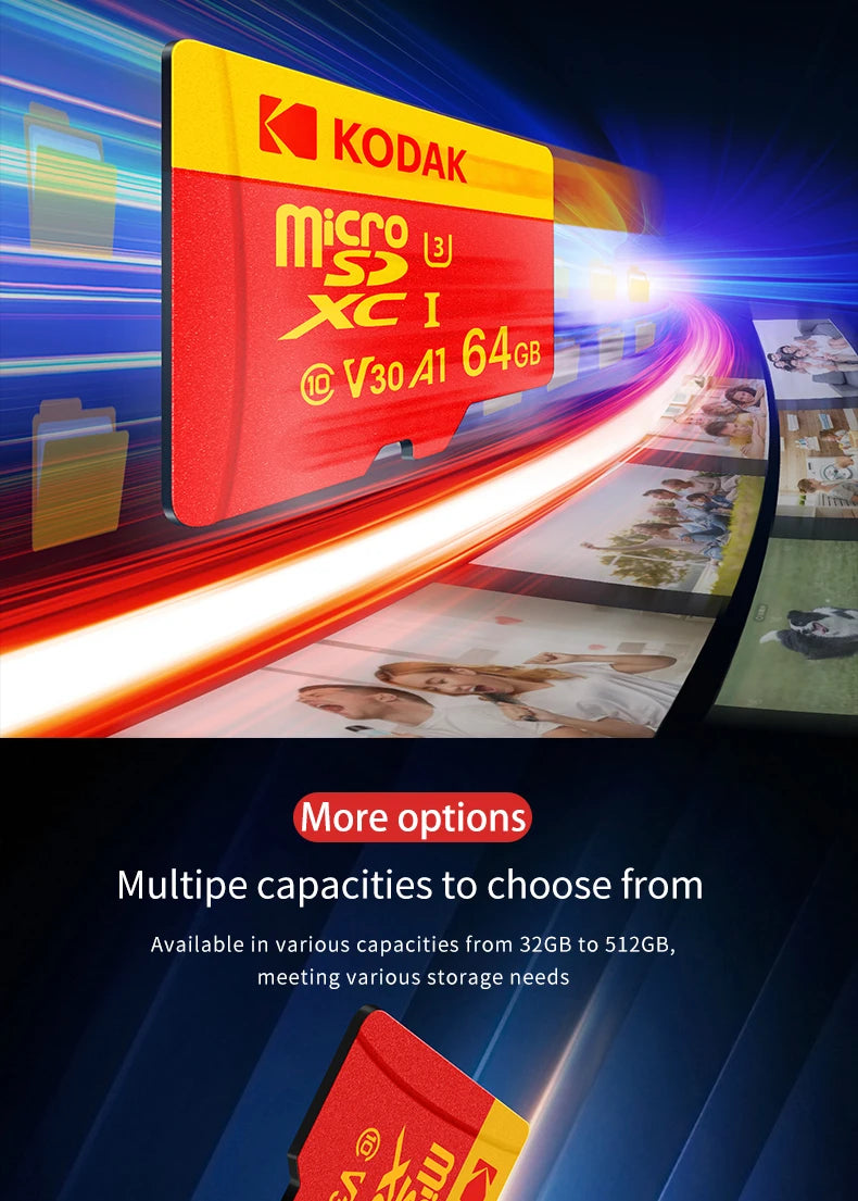 KODAK Micro SD Card U3 V30 128GB 256GB 64GB 4K High Speed TF Card for Phone Camera Drone