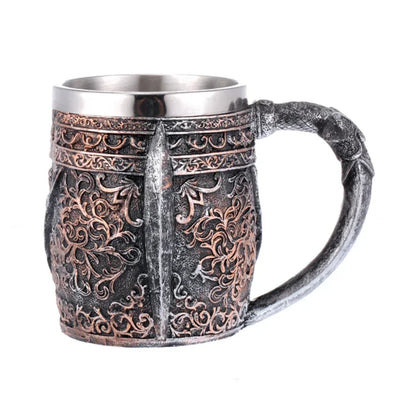 Viking Wood Style Beer Mug, Simulated Wooden Barrel Double Wall Metal Insulated Cup, 1Pc Bar Drinking Mug