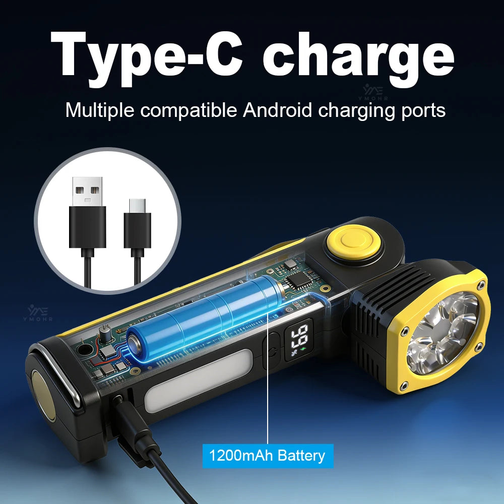 8LED High Power Flashlight LED Work Light Rechargeable Head Folds Magnetic Suction 18650 Battery For Mechanical Workshop Lantern