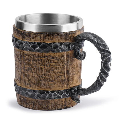 Wooden Barrel Beer Cup Stainless Steel Coffee Mug Viking Style Vintage Beer Mug Double Wall Drinking Cup Halloween Bar Drinkware