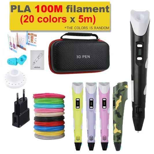 3D Printing Pen 100m PLA Filament 3D Drawing Colored Pencil with Storage Bag For Kids DIY Art Christmas Birthday Gift