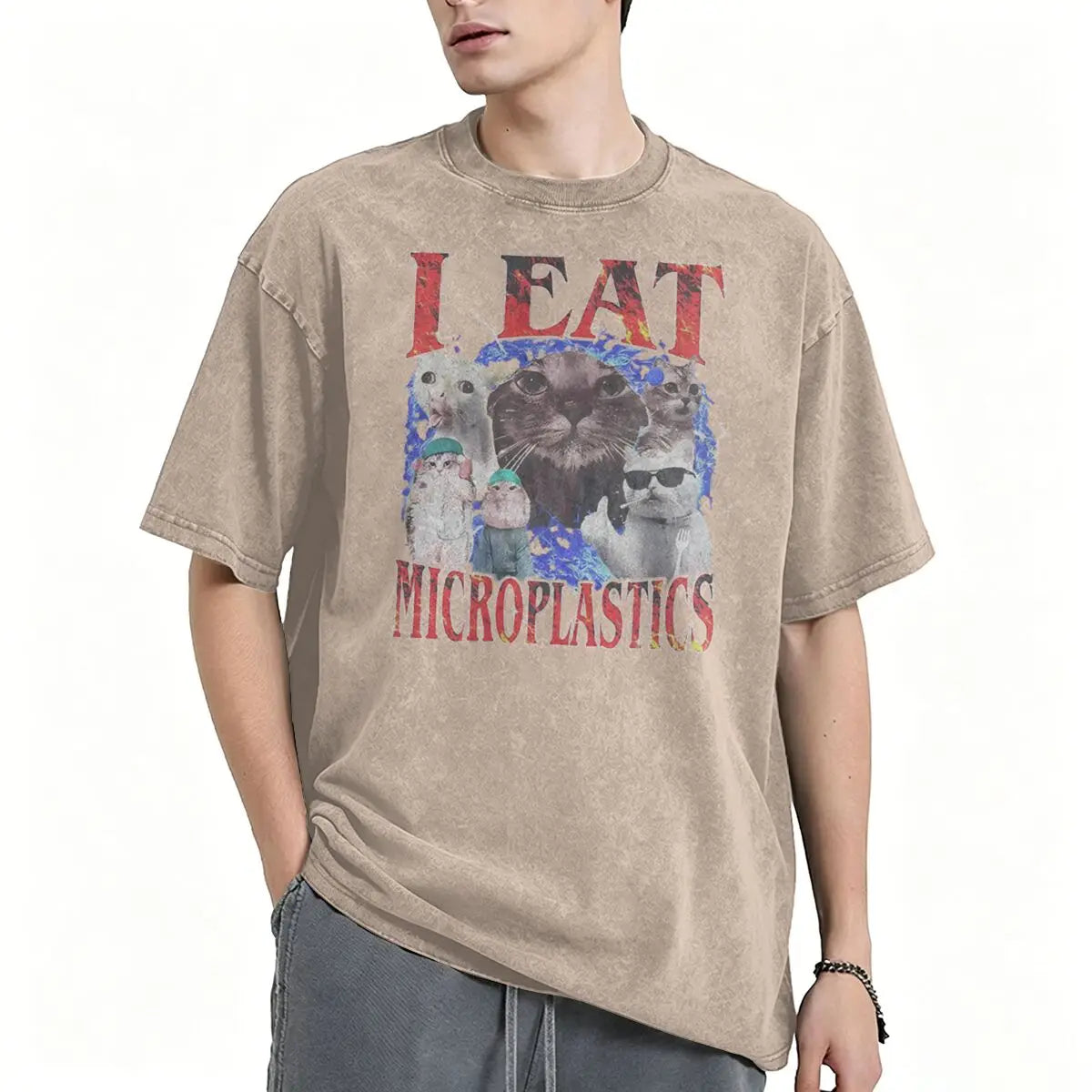 I Eat Microplastics Meme Cats Retro T Shirt 100% Cotton Vintage Washed T-shirt For Men Women