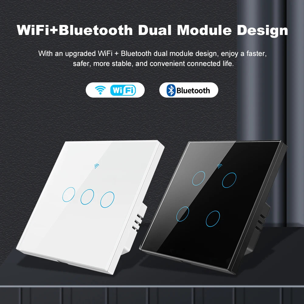 Tuya Smart Wifi Light Switch No Neutral Wire Touch Panel EU 1/2/3 Gang Wall Switch Wireless Control Voice Control Alexa Google