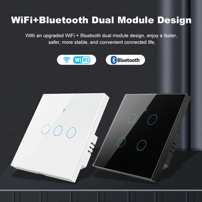 Tuya Smart Wifi Light Switch No Neutral Wire Touch Panel EU 1/2/3 Gang Wall Switch Wireless Control Voice Control Alexa Google