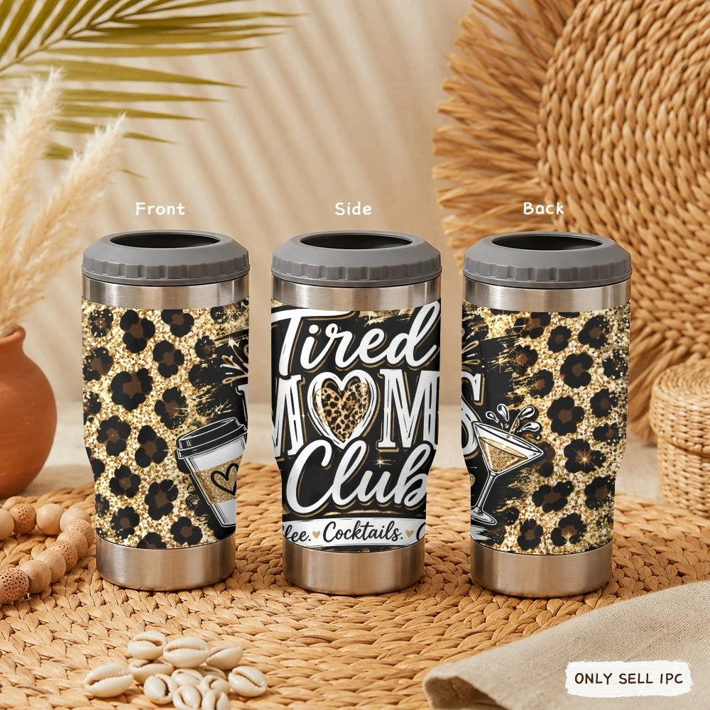 Mama Needs a Drink Leopard Vacuum Flasks 4-in-1 Stainless Steel Can Cooler Insulated Beer Soda Coffee Holder Dual Lids Fits 12oz