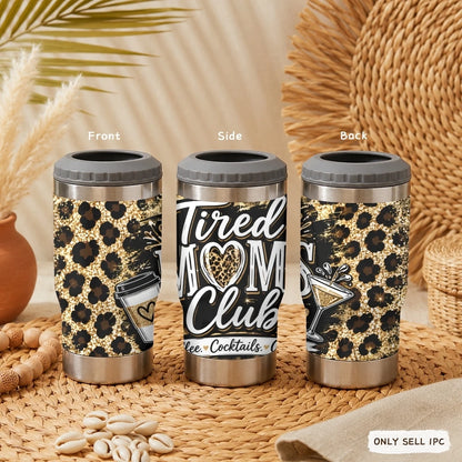 Mama Needs a Drink Leopard Vacuum Flasks 4-in-1 Stainless Steel Can Cooler Insulated Beer Soda Coffee Holder Dual Lids Fits 12oz