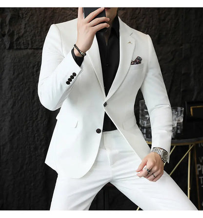 High quality Korean slim fit (suit + trousers) Fashion business handsome casual solid color wedding suit two-piece set