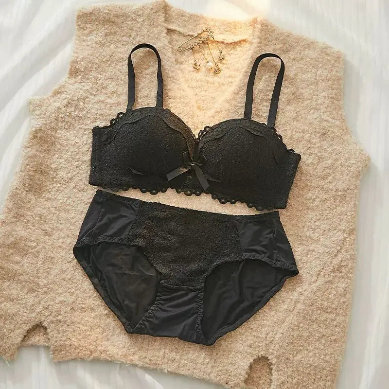 YEMOMO Lace Sexy Bra Set Padded Push Up Small Bust Lift Shaping Half Cup Concealed Bottom Intimate Underwear Set for Women  S-XL