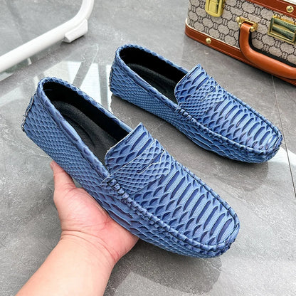 Men White Snake Pattern Loafers Penny Slip On Driving Shoes Casual Business Moccasins Breathable Male Footwear