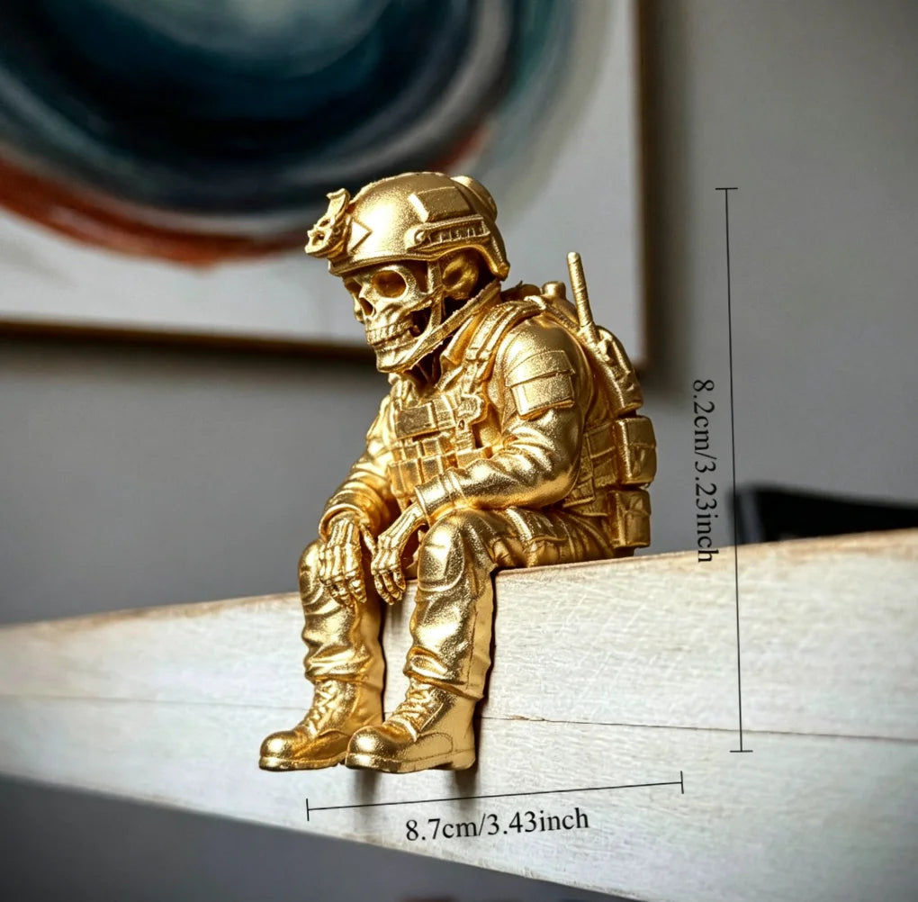 Sitting Tactical Skull Soldier Cool Ornament Home Office Military Skull Soldier Figurine Whimsical Seated Warrior Ornament Decor