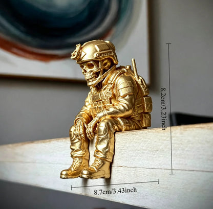 Sitting Tactical Skull Soldier Cool Ornament Home Office Military Skull Soldier Figurine Whimsical Seated Warrior Ornament Decor