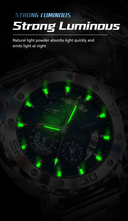 POEDAGAR Top Business Men's Wristwatch Luminous Waterproof Man Clock Chronograph Calendar Stainless Steel Quartz Watches For Men